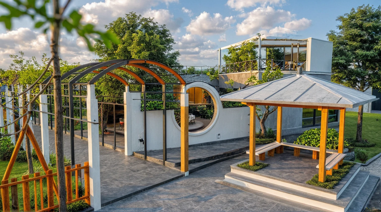 Masterpiece, high quality, best quality, authentic, super detail, outdoors, onestoreyvillaXL, aiaigroup, house style modern on the street ,stairs, white wall ,road,pavement, grass, trees, sky, cloud, (daylight:1.1)
