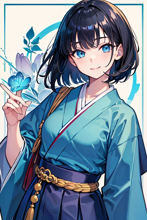 ((Highest quality)), ((masterpiece)), (Familiar), Illustration Style,Perfect Face,1 Girl,Black Hair,Short Hair,Glowing Skin,big, Bright Blue Eyes,Beautiful Bangs,Small breasts,Super Beauty,woman,,Hakama,Beautiful clothes,160cm,smile,