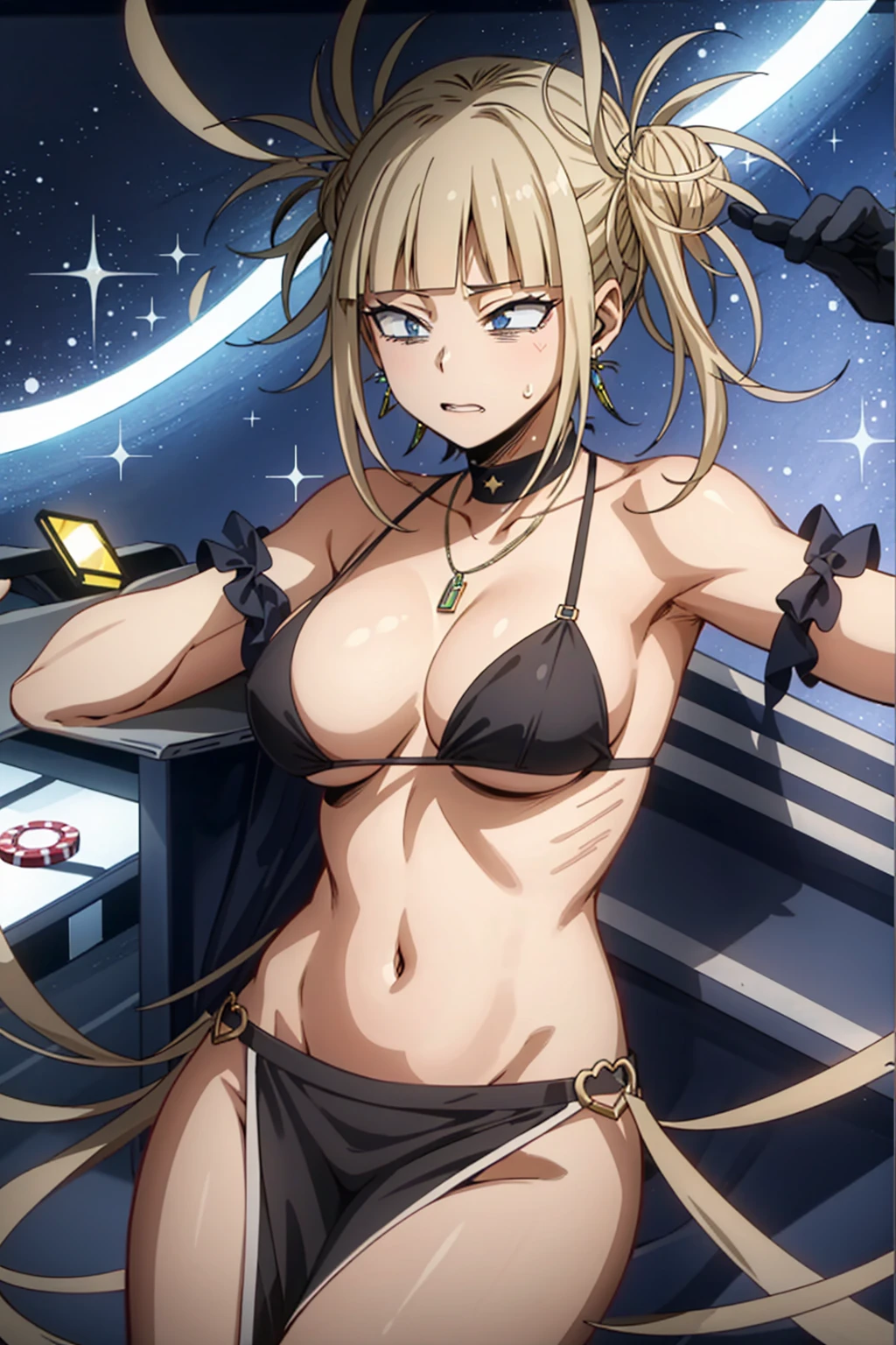 masterpiece, highres, best quality, absurdres, official, 1girl, solo, headband, long hair, (whore outfits), casino, bodycon, silver metallic dress, necklace, earring, navel, face focus, erotic face, large breasts,chuppy skin, no bra