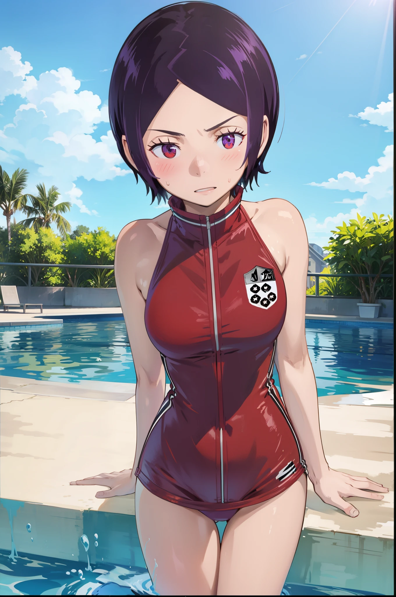 (masterpiece, best quality;1.2), nsfw, World trigger style, kitora ai, (1girl, solo), looking at viewer, (short hair, forehead), purple eyes, (embarrassed, blush), (red swimsuit:1.4), (emblem:0.9), short black shorts, (poolside, partially submerged), (blue sky, sunshine)