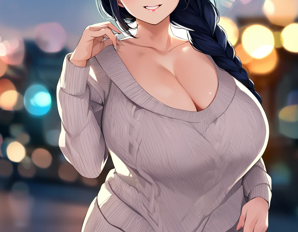 (masterpiece,high resolution:1.4),(from front),close up of face,outdoor,tokyo city,(deep shadows:1.2),(bokeh:1.2),8k,gleaming skin,milf,plump,huge breasts,dark blue hair,forehead,braids,hair over one eye,green eyes,black frame eyewear,adjusting eyewear,faint lips,thick eyebrows,Ecstatic grin,(beige sweater:1.1),BREAK,Palazzo pants,thick thighs,parted lips