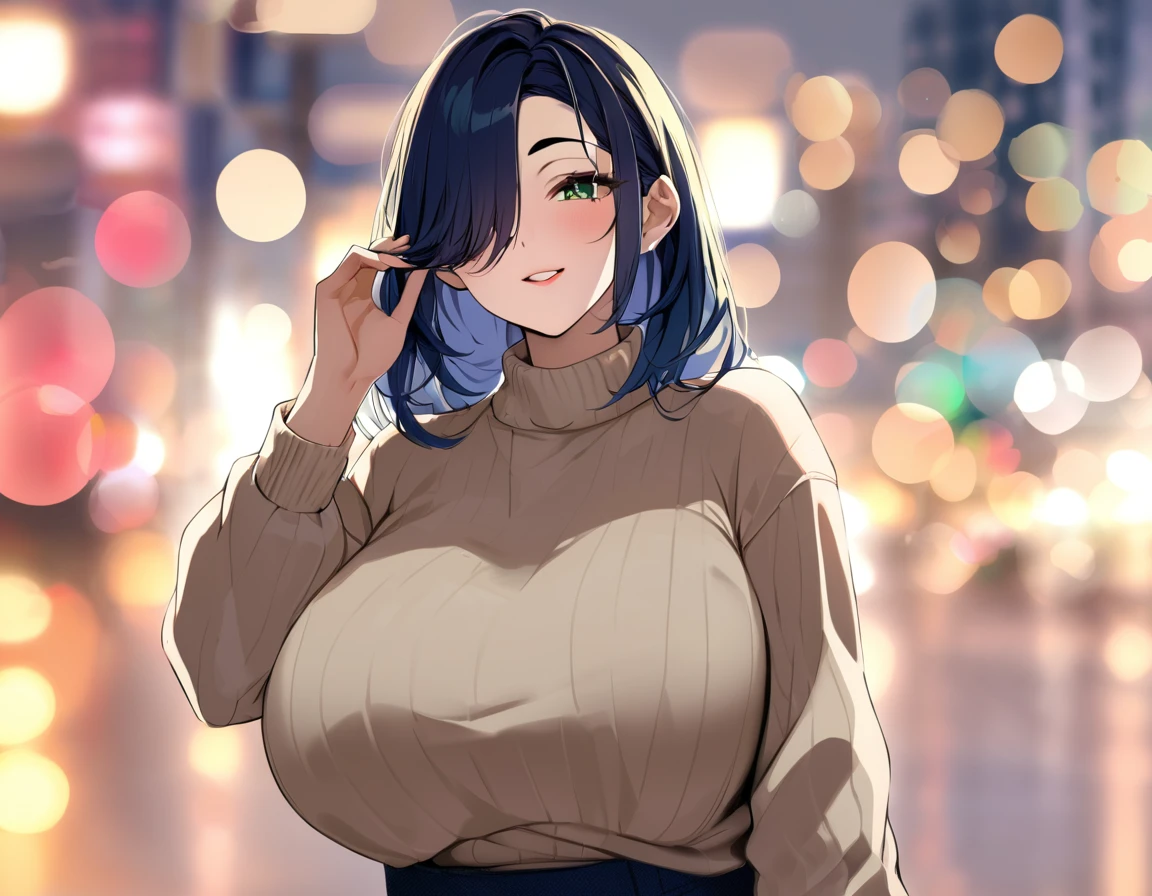 (masterpiece,high resolution:1.4),(from front),close up of face,outdoor,tokyo city,(deep shadows:1.2),(bokeh:1.2),8k,gleaming skin,milf,plump,huge breasts,dark blue hair,forehead,braids,hair over one eye,green eyes,black frame eyewear,adjusting eyewear,faint lips,thick eyebrows,Ecstatic grin,(beige sweater:1.1),BREAK,Palazzo pants,thick thighs,parted lips