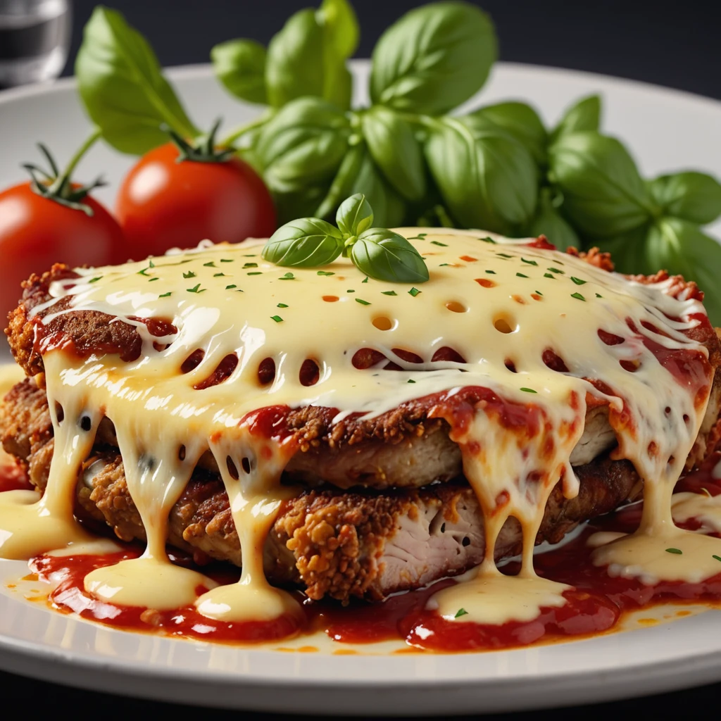 A 4K image of a perfectly prepared crispy steak parmigiana dish, covered with a generous layer of melted cheese.
