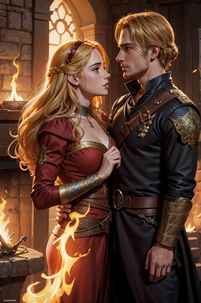 Two person 1 Luke Eisner is a prince who has golden blond hair, wears a medieval military outfit and is in love with the commoner 2 Lily Collins, who has curly blonde hair and wears a modern red dress, the two kiss very affectionately, illustration of a romance book cover with a detail, dark background with fire, art by Greg Hildebrandt, Citemer Liu, Stjepan Sejic, Samyang, Aykut Aydogdu, Justin Gerard, Alphonse Mucha, Artgerm, WLOP, and Greg Rutkowski