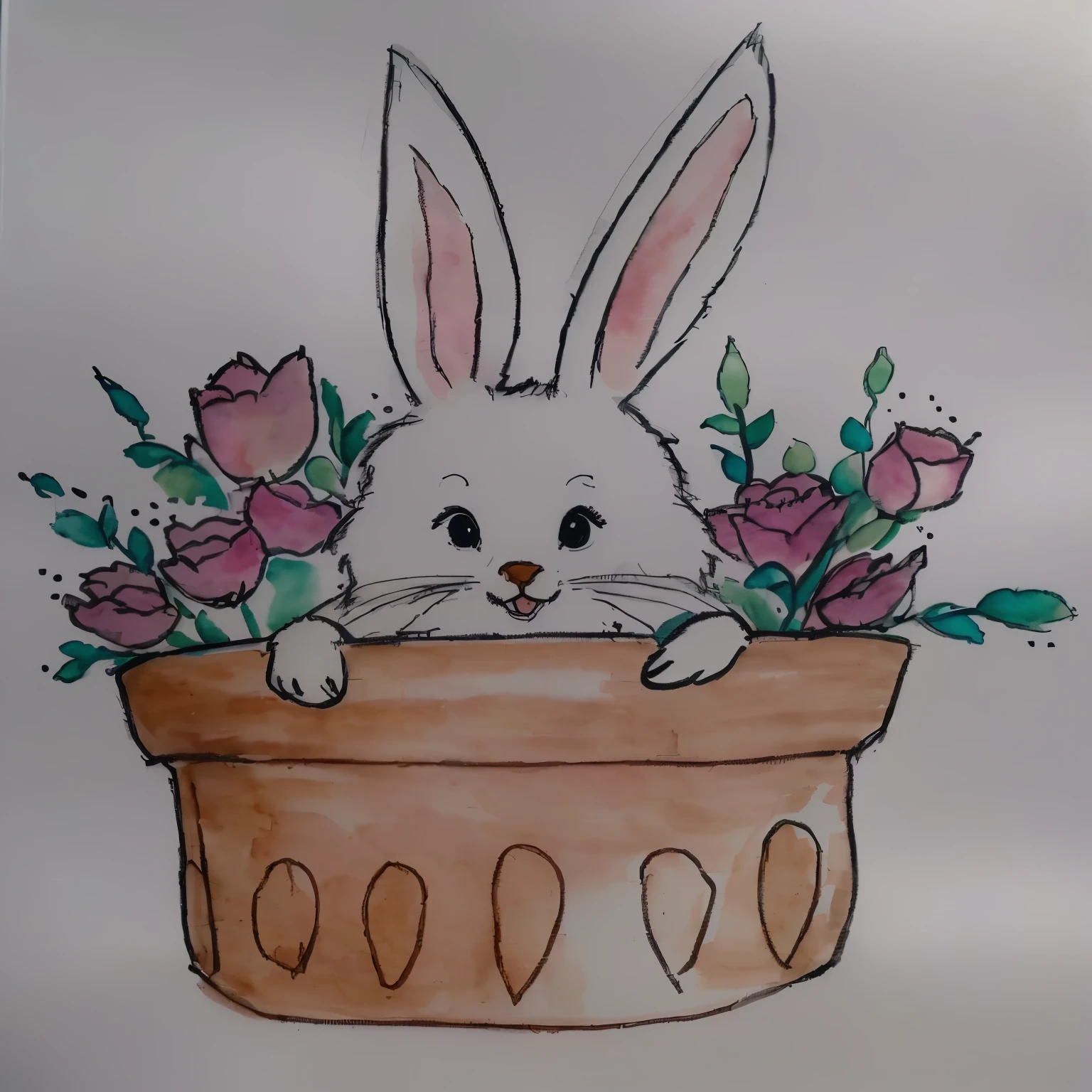there is a drawing of a coelhinho in a flower pot, coelhinho, Tinta e aquarela wash, Tinta e aquarela, aquarela e caneta, detalhe adicionado, Aquarela, por Károly Lotz, a coelho full of hope, coelhinho ears, coelhinho head, anthropomorphic coelho, coelho face only, coelho, half coelhinho, with coelhinho ears