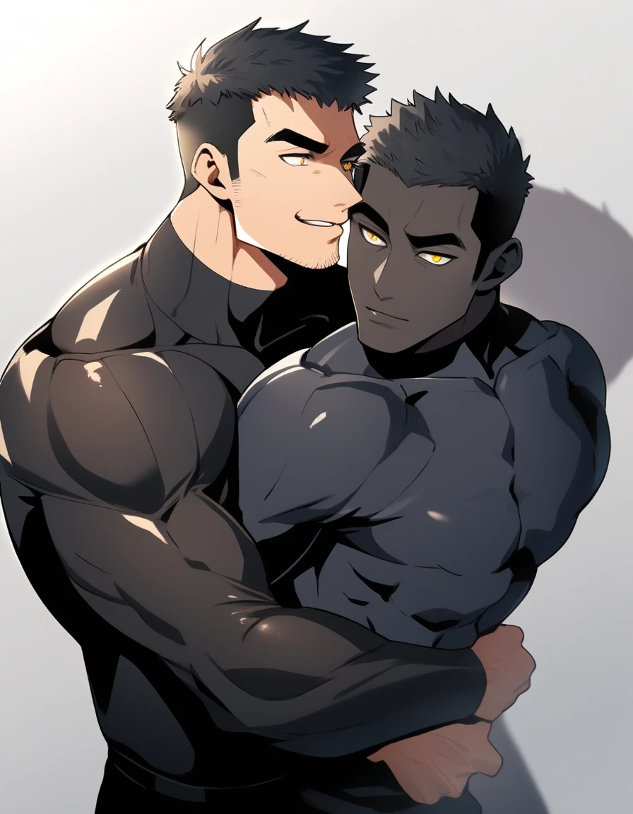 anime characters:Two superheroes in tights, Muscle superhero, negro black skin, They hugged and kissed each other, Bite your neck, Caress, Manliness, male focus, Yellow and black high collar long sleeve tight T-shirt, Slightly transparent material, High gloss, Very tight, Round, full and perky chest muscles, Muscle waist, Slightly transparent, muscular male, muscular, only, Upper body, alone, Black short hair, Thick eyebrows, stubble, Yellow eyes, Grey background, simple background, amazing quality, best aesthetics, Ridiculous, bright pupils, crew cut, parted lips, seductive smile, torogao, naughty face, drop shadow, best quality