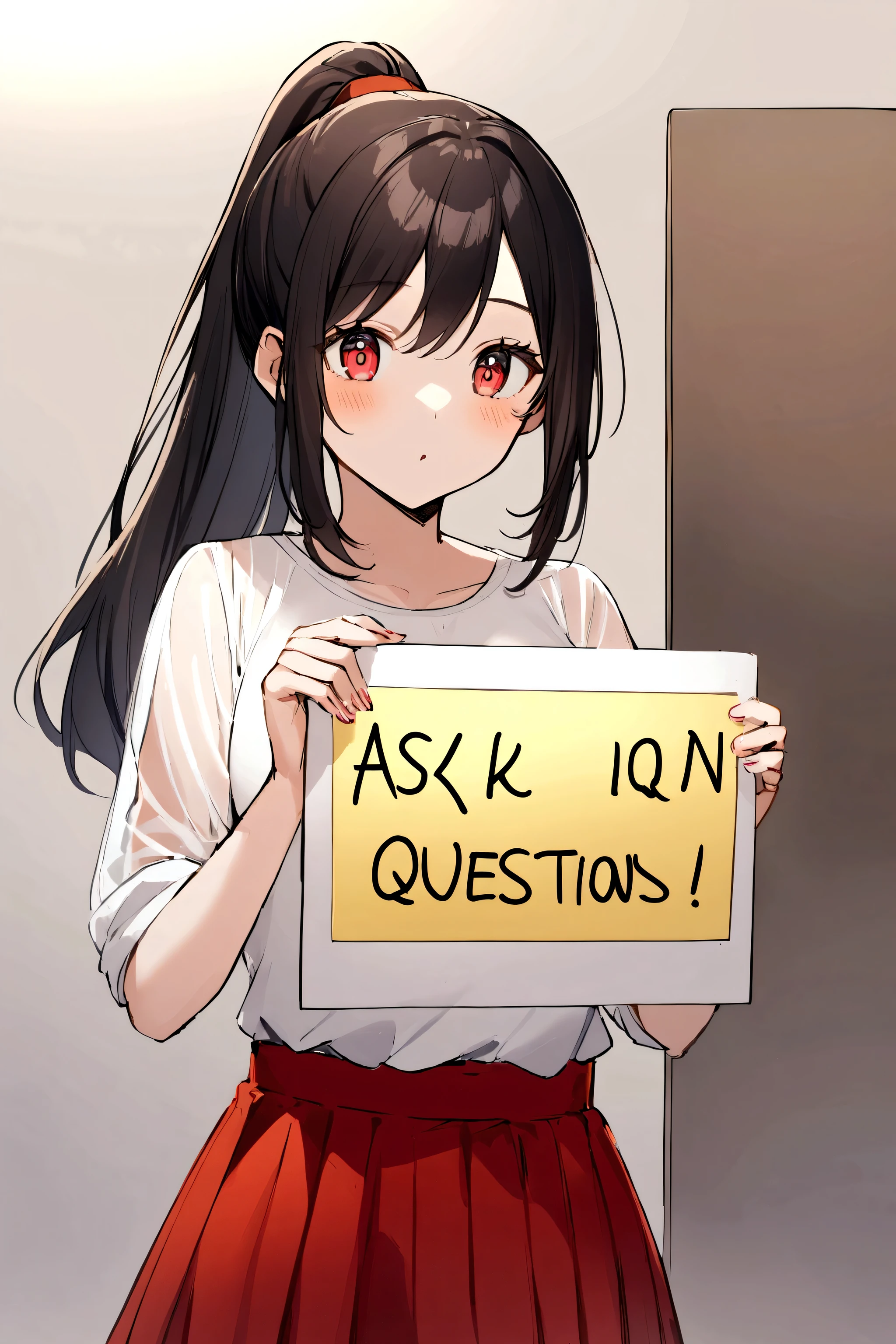 1girl, Black long hair, ponytail. Red eyes. (Sheer white shirt+redskirt), yellow shoes, holding a sign saying (("Ask Questions"))