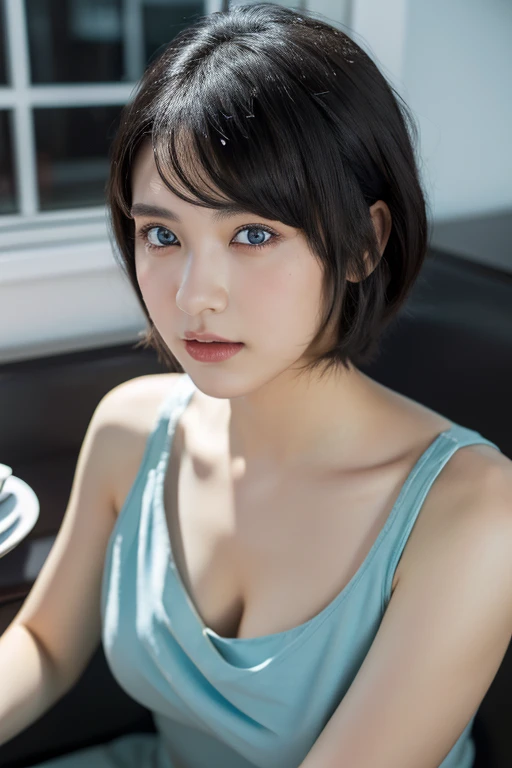 (award winning, 8k, super detailed, high resolution, best quality, photography, portrait), 1girl, solo, beautiful girl, beautiful eyes, detailed eyes, (black eye), light blue dress, short hair, black hair, sitting in cafe, POV, ((upper body))