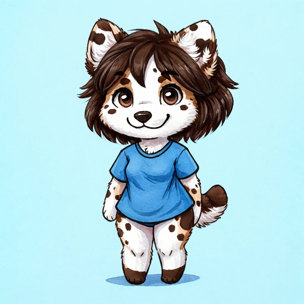 a anthropomorphic, black spots and white fur female dog, she has dark brown hair, she's dressed with a blue colored shirt, closed smile, chibi style, high quality furry art.