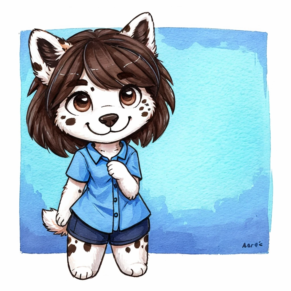 a anthropomorphic, black spots and white fur female dog, she has dark brown hair, she's dressed with a blue colored shirt, closed smile, chibi style, high quality furry art.