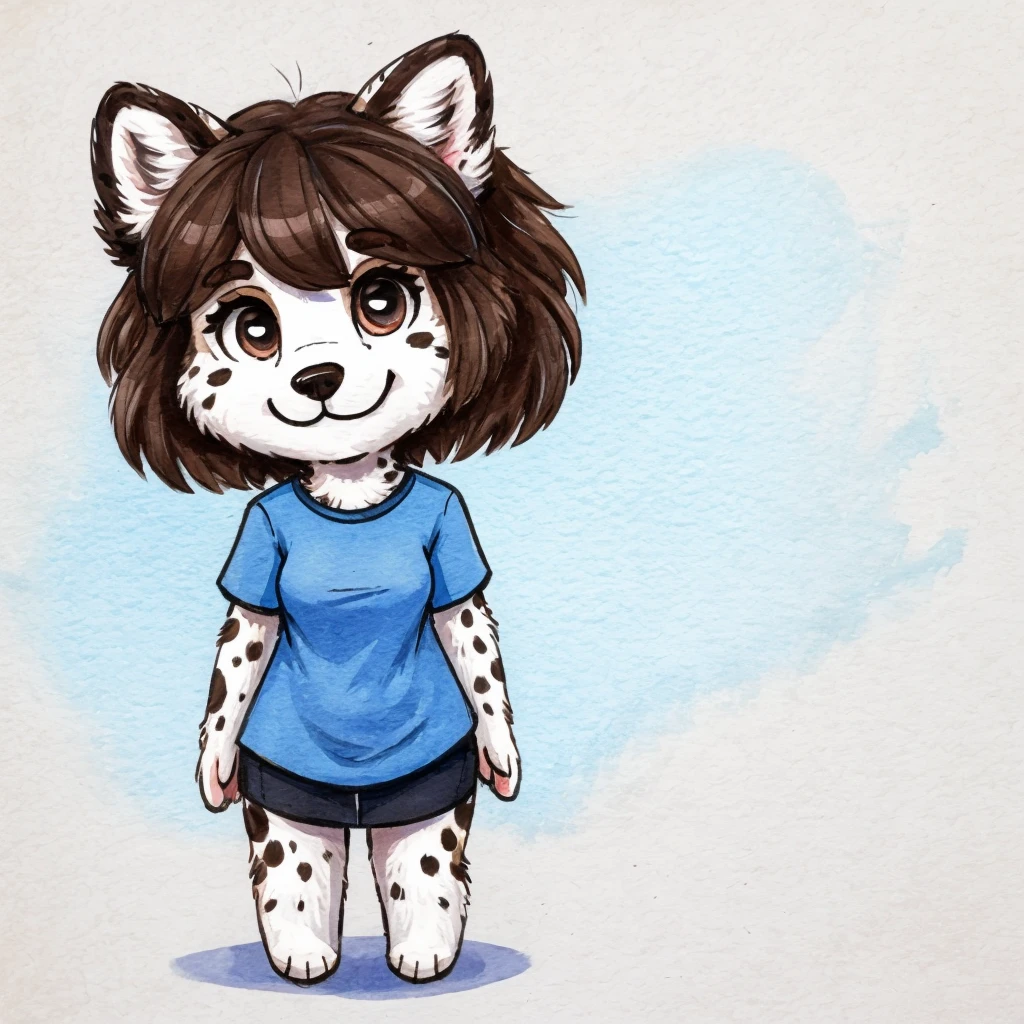 a anthropomorphic, black spots and white fur female dog, she has dark brown hair, she's dressed with a blue colored shirt, closed smile, chibi style, high quality furry art.