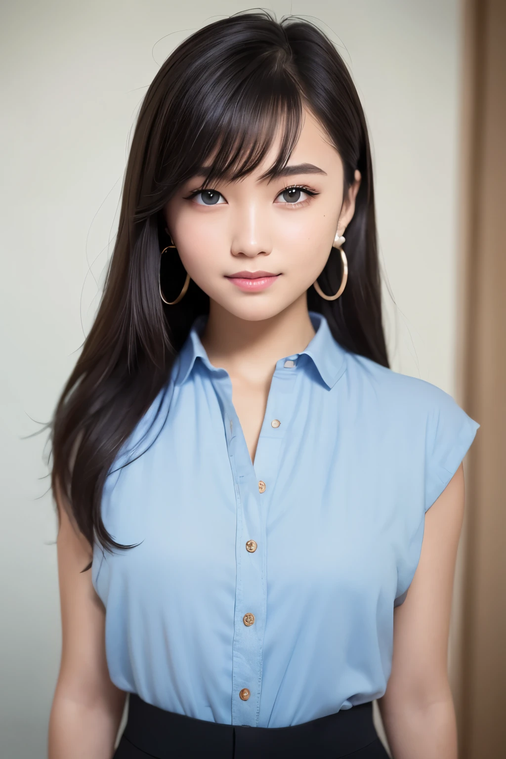 (RAW photos:1.2),(Reality:1.4),(masterpiece:1.3),(best quality:1.4),Ultra-high resolution, Human Development Report,8k resolution, Like a dream, View comments,Request for comment,landscape,((No text)), Focus only, (Delicate eyes),(Detailed facial features), (Detailed clothing features), Firming skin, (Glowing skin),(slim),(slim的),(Pretty Face), 1 boy, Virtual girl, young, Bangs,Black Hair, blue eyes,Earrings, Loose shirt, Smile, shyly,Lovely, Look directly into the camera,