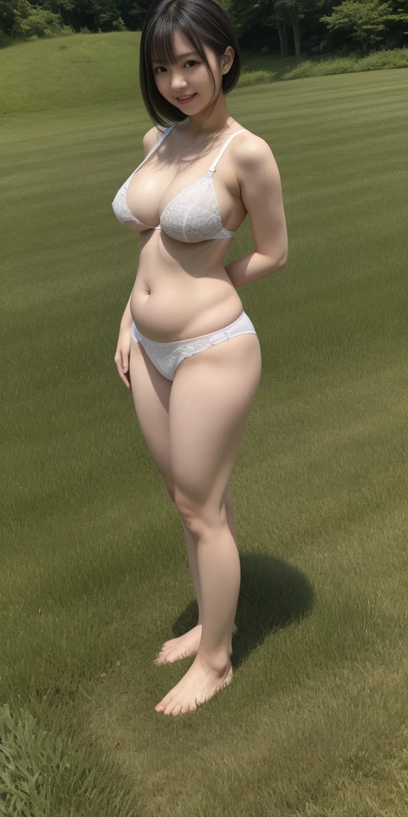 Full body standing upright on grass barefoot、Shortcuts、cute、20-year-old、Japanese、Big Boobs、White underwear、A little plump