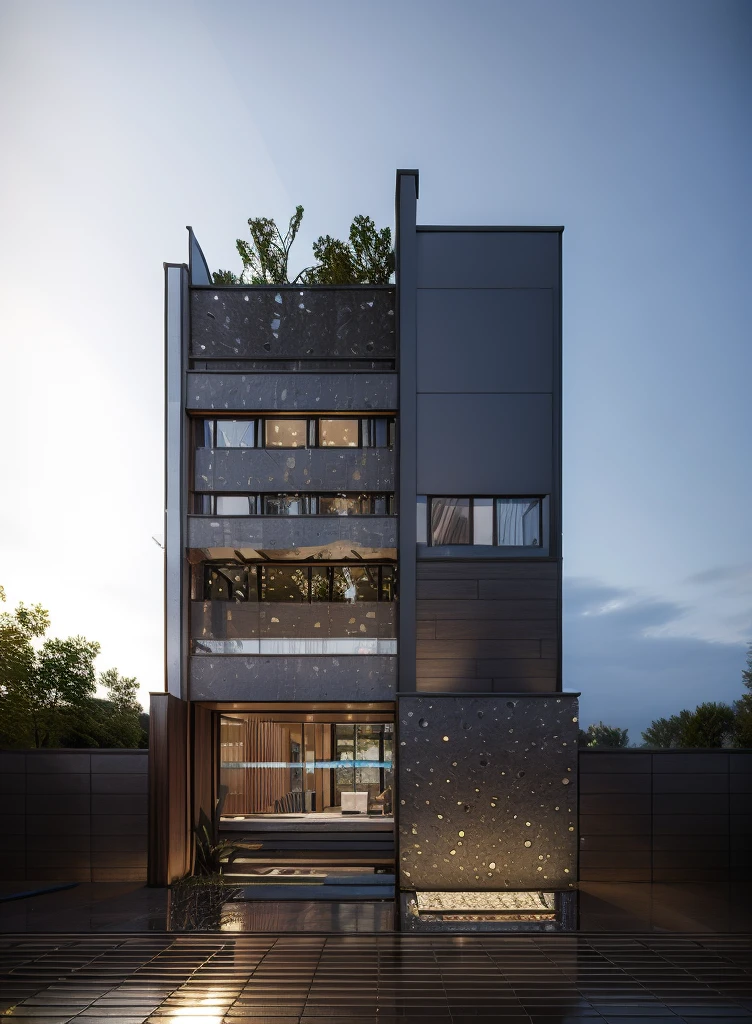 RAW photo, subject, 8k uhd, dslr, soft lighting, high quality, film grain, Fujifilm XT3, Realistic, Masterpiece, A modern architecture, simply facade, walkway, tree, road, stone, glassese window, daylight, clear sky