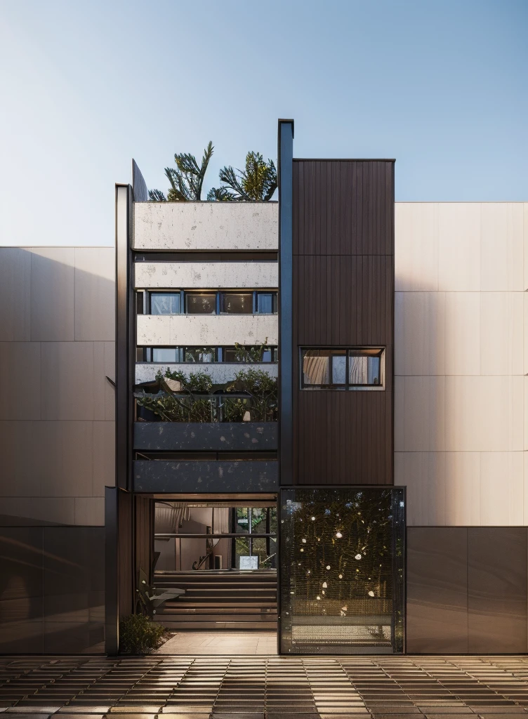 RAW photo, subject, 8k uhd, dslr, soft lighting, high quality, film grain, Fujifilm XT3, Realistic, Masterpiece, A modern architecture, simply facade, walkway, tree, road, stone, glassese window, daylight, clear sky