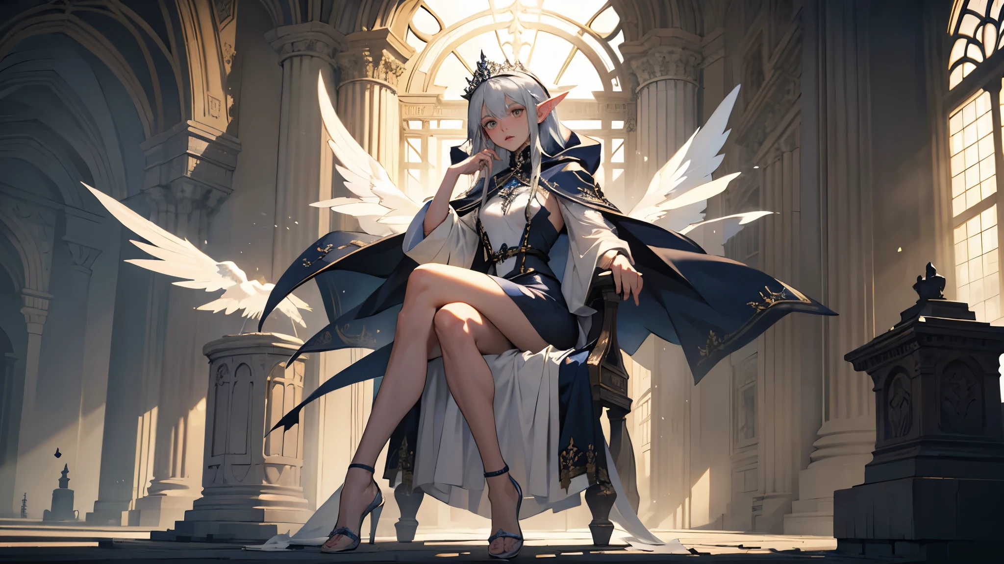 masterpiece, ultra detailed, 8K Portrait, Raw photo, a portrait photo of girl, Highly detailed face, beautiful and meticulous eyes, ((Fantasy)), (elf:1.0), 1woman, 40 year old, gray long hair, brown eyes, (melancholy expression:1.2), tiara, skinny, (ultra thin see-through dark blue silk dress), hooded long white coat Fluttering in the wind, ((bare foots)), Midday Sun, Hyper realistic, out of medieval white castle in the sky, sitting on the throne, Ambient lighting, Shadow details , strong breeze, Light fog, (divine:1.5),