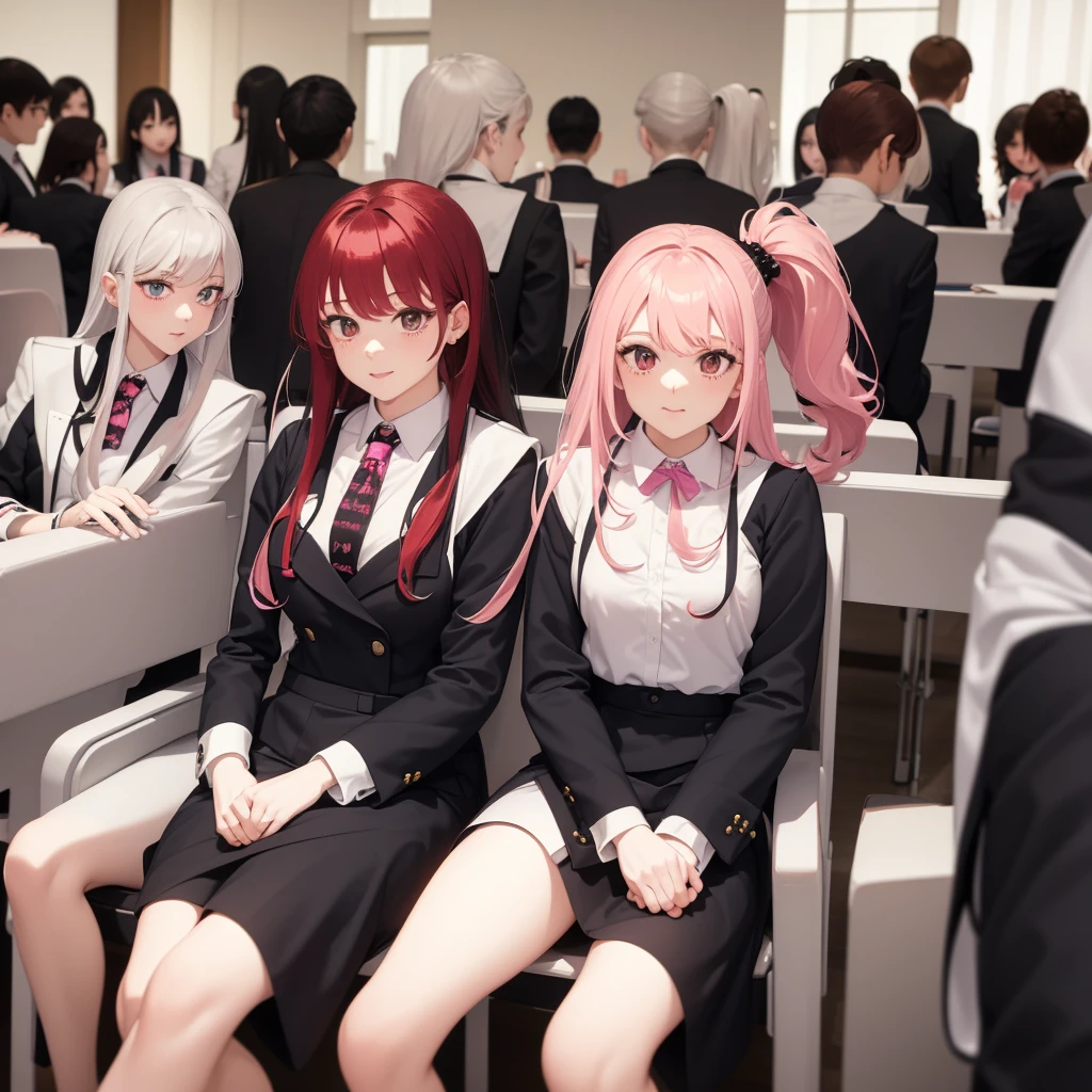 White long-haired man、White shirt、uniform、School Background、Next to me is a black-haired male vampire、The girl next to me with the pink ponytail、The girl next to me has wavy red hair、foursome、Group photo