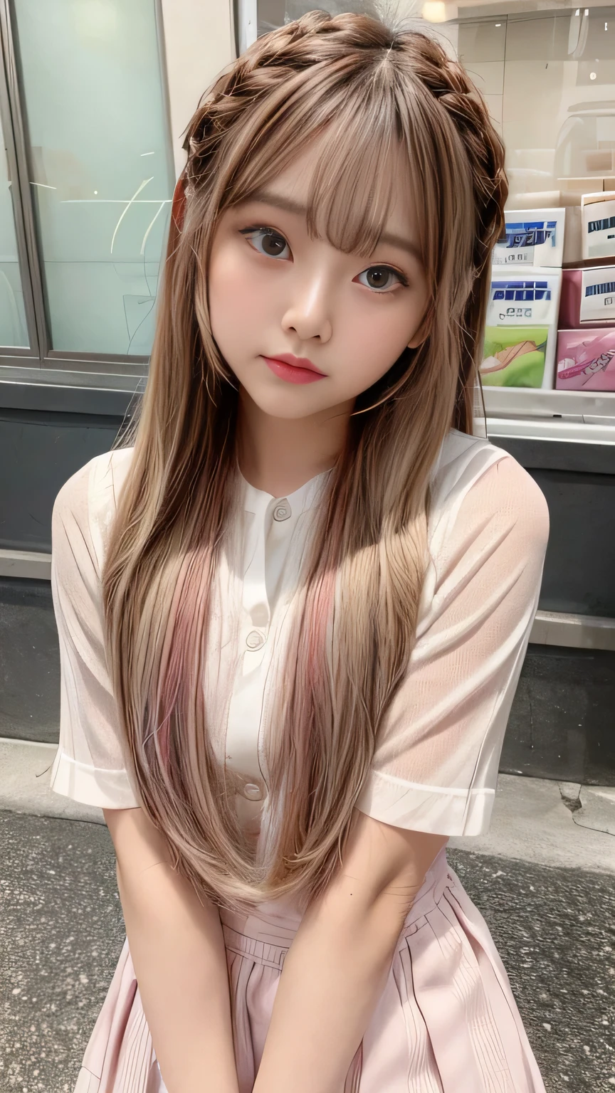 blush, Sunburn marks on tanned skin、Multicolored hair color、Bangs on the face、Bangs between the eyes、A strong wind blows my hair in front of my face、Beautiful big sparkling eyes, Cute eyes hidden by long bangs、Yawn、No visible nasolabial folds、Short micro mini skirt、Multicolored patterned blouse、18 year old Korean beauty、Blonde French braid hair