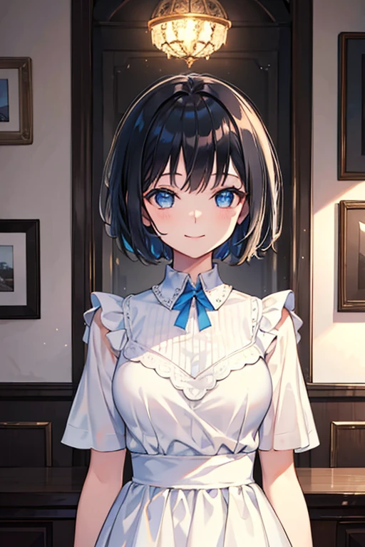((Highest quality)), ((masterpiece)), (Familiar), Illustration Style,Perfect Face,1 Girl,Black Hair,Short Hair,Glowing Skin,big, Bright Blue Eyes,Beautiful Bangs,Small breasts,Super Beauty,woman,16 years old,White dress,Beautiful clothes,160cm,smile,Cafe