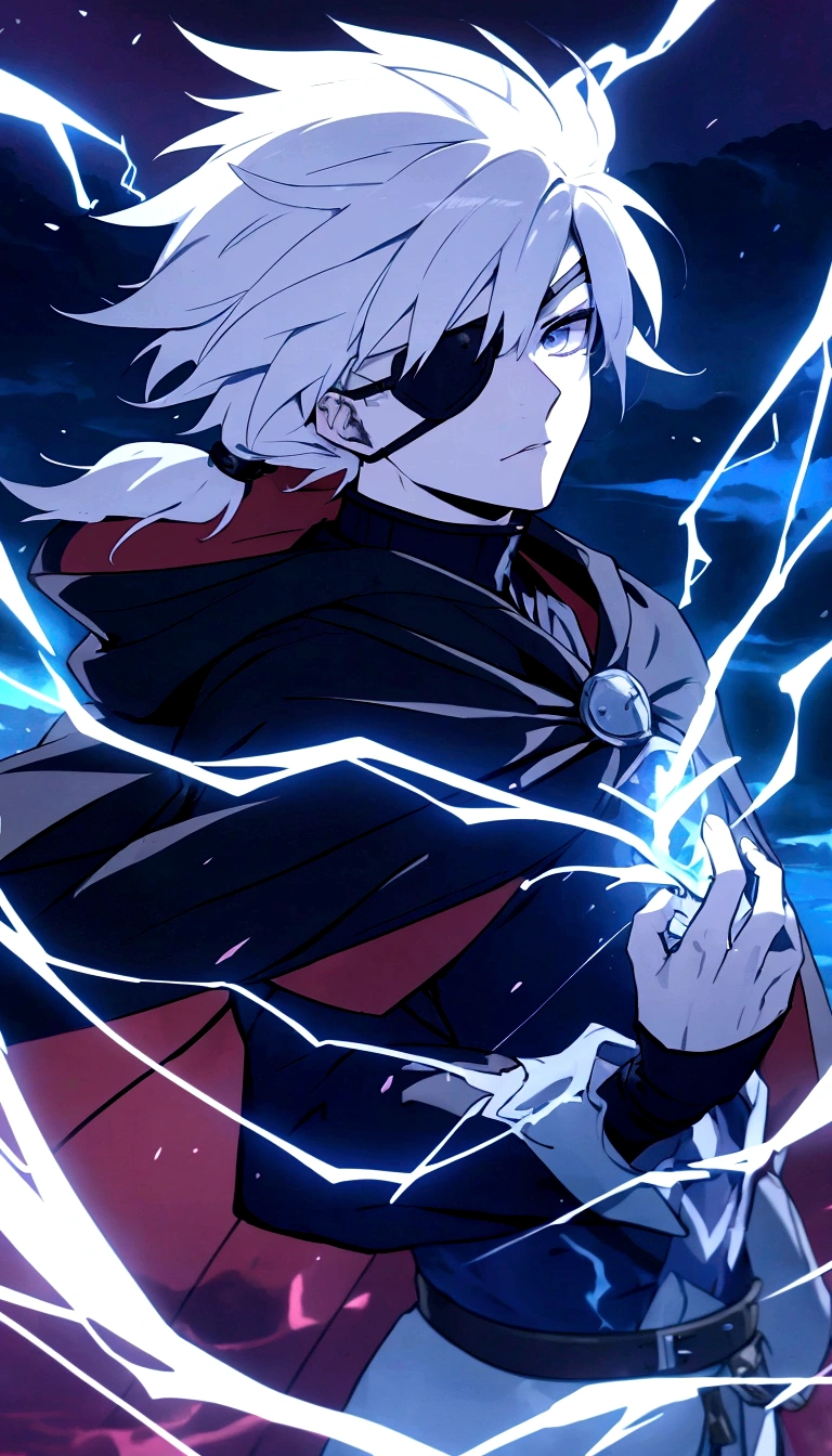 Anime character, a man, medieval era. Young man, 20 years old, large body, cold gaze, cold expression, white skin, short messy gray hair, ponytail, left eye patch, black clothes, black shirt, dark cape with hood, chains. frontal camera. Walking in a sea of blood. Three moons shining high in the sky, purple, red and blue. White electricity emanating from his body, black electricity emanating from his left hand. Right eye shining in a white ray. Thunderous white lightning. (best quality, 4k, 8k, high resolution, masterpiece: 1.2), vibrant, ultra-detailed colors, chiaroscuro lighting, dramatic pose, intricate details, fantasy, mystical, powerful