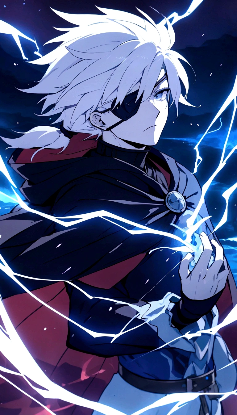 Anime character, a man, medieval era. Young man, 20 years old, large body, cold gaze, cold expression, white skin, short messy gray hair, ponytail, left eye patch, black clothes, black shirt, dark cape with hood, chains. frontal camera. Walking in a sea of blood. Three moons shining high in the sky, purple, red and blue. White electricity emanating from his body, black electricity emanating from his left hand. Right eye shining in a white ray. Thunderous white lightning. (best quality, 4k, 8k, high resolution, masterpiece: 1.2), vibrant, ultra-detailed colors, chiaroscuro lighting, dramatic pose, intricate details, fantasy, mystical, powerful