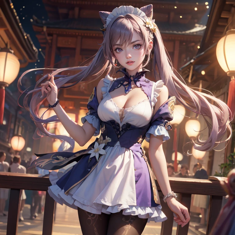 1girl, white roses, ornament hair, white roses on her hair, perfectly body, perfectly hands, lilac hair, long hair, wave hair, long hair, ornament hair, long hair, chinese lanterns, festival with fireworks, garden scenery, Looking at the viewer, flowing hair, Beautiful Eyes, Plump and glossy lips, maid, maid dress, maid headdress, maid apron, white dress with too many frills, white dress, blue laces, white Short skirt, Drape clothes, lilac gem, Lace trim, kitchen, luxury details, gold jewelry, more details, best quality, Big sparkling eyes, blushing, lilac Striped Lace Stockings, lilac Lolita skirt, sparkle, solo, centered girl, cowboy shot, perfectly body, perfectly hands, two arms, two legs, two hands, five fingers, shrine, chinese temple, perfect anatomy, glowing hair, white roses, maid, maid dress, dress, solo, flowing hair, floating hair, ornament hair, perfectly body, perfectly hands, on the shrine, sparkles, more details on her clothes, white dress with transparency, golden details on her dress, night, temple, ((4k, masterpiece, top-quality)), 8k, best quality, high resolution, UHD, (illustration:0.8), super cute girl, delicate and beautiful face, mature girl, super cute hairstyle, (beautiful detailed eyes:1.6), extremely detailed face, perfect lighting, extremely detailed CG, (perfect hands, perfect anatomy), Best quality, cleavage, small skirt, full Body, two arms, two legs, two hands, five fingers