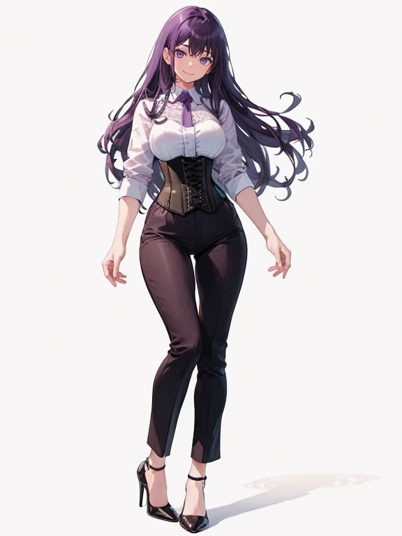 purple,long hair,woman,Shirt with rolled up sleeves,(corset),pants,high heels,Simple white background,smile,whole body,full body,full body,Standing picture,vtuber,upright,,Standing upright with face and body facing forward,
