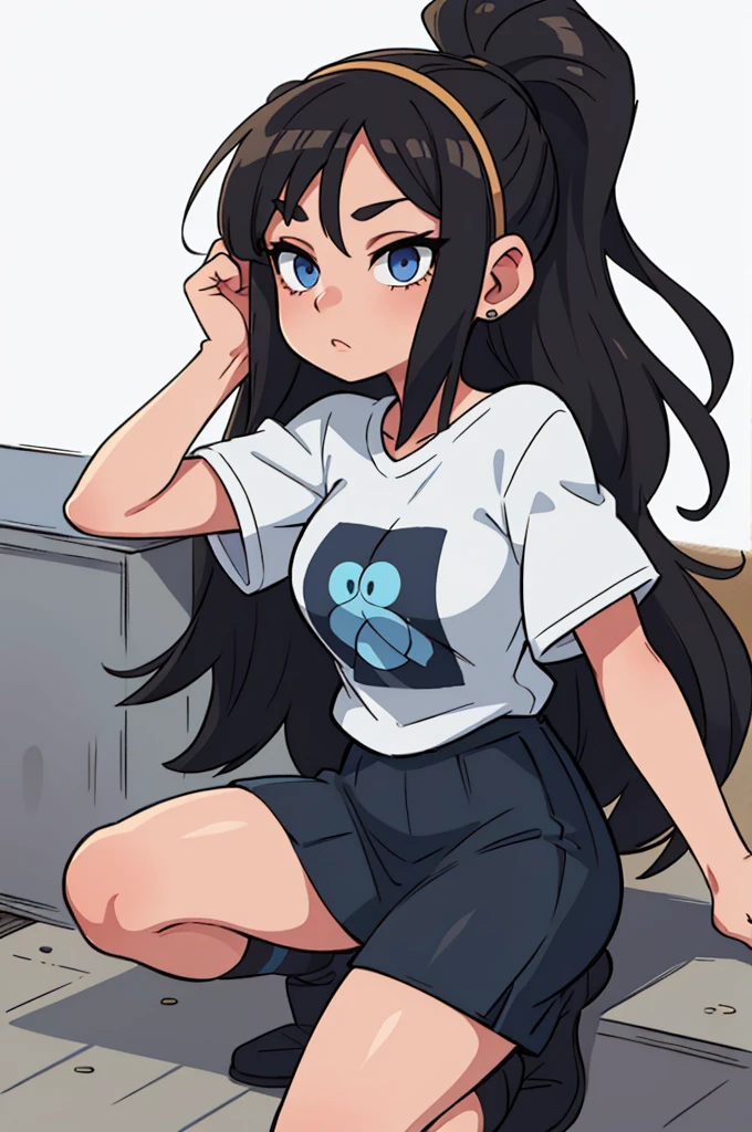 brunette girl, the ends of her hair are dyed blue, indigo eyes in an oversized T-shirt with black stripes in a knee-length gray skirt with headphones with ears