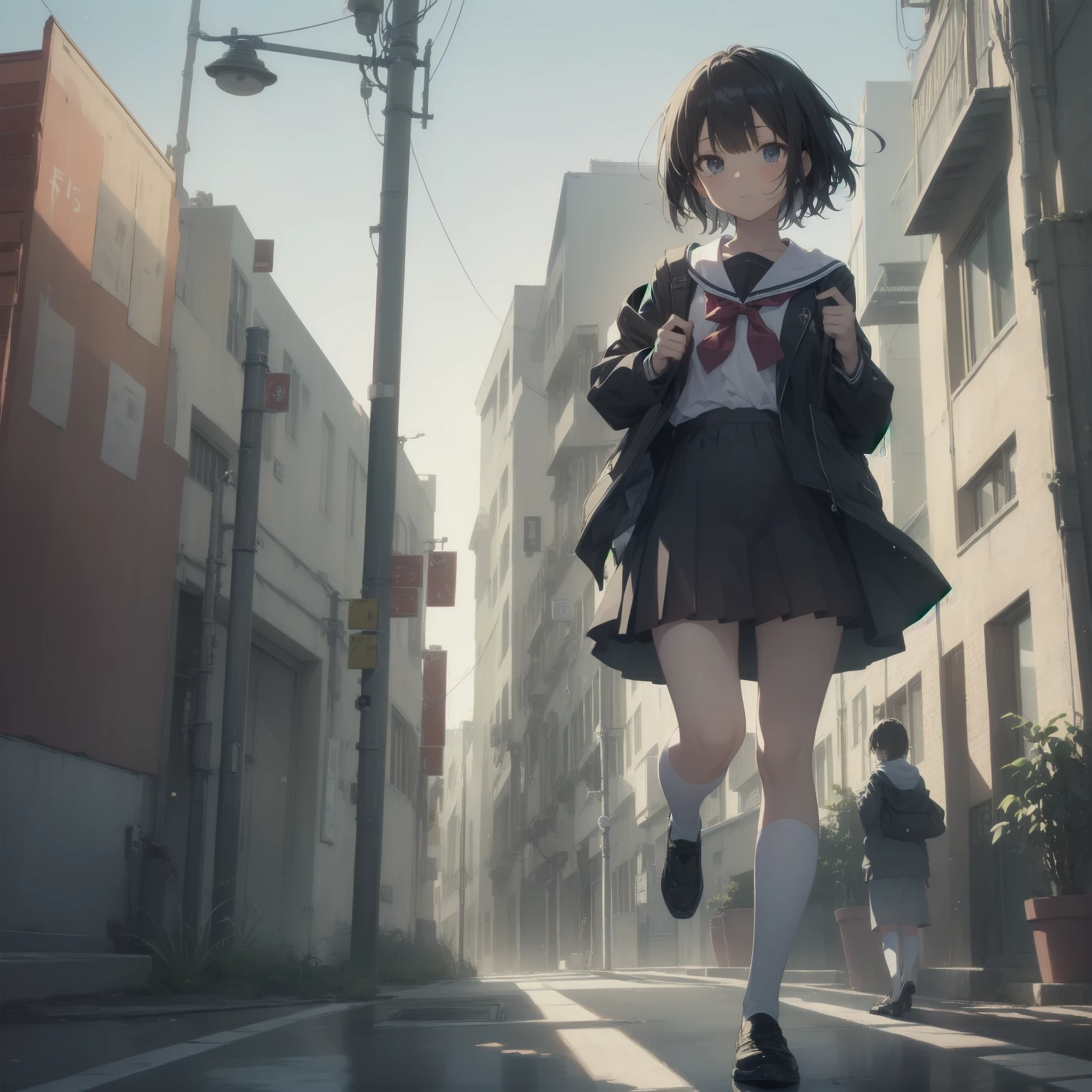 ultra-absurdres-Top quality by artist God, ultra-detailed, high resolution, anime moe artstyle, best anime 8k konachan wallpaper, pixiv contest winner, pool:2810, perfect anatomy,break, 1girl, (Please draw a girl walking sleepily to school alone. )break,(Solo,little female, 13-year-old:1.3),Full limbs, complete fingers,a junior high school student, (very short hair), short cut, flat chest, , small butt, small black eyes, beautiful detailed eyes, well-proportioned iris and pupils, expressive eyes, highres detailed hair, soft expression, salor school_uniform, sailor collar, serahuku, bow, pleated skirt,(Detailed Lighting), (Detailed background), in the School commute route. break,super detailed skin, Best cinematic lighting powered by famous artist, 8k,beauty illustration,photoshop_(medium),very aesthetic,break,((artist:toosaka_asagi )), artist:clamp ,artist:carnelian ,artist:kantoku ,