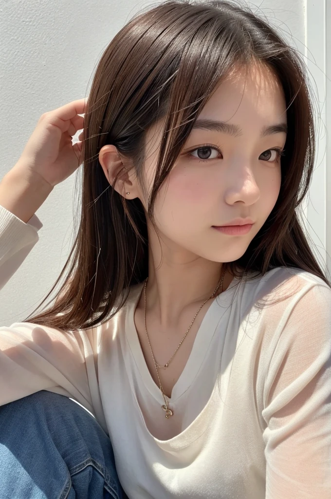 (Highly realistic photos, High resolution, Detailed face, Fine grain), ((Photographed in front of a white wall))、Japanese women, 20-year-old, A variety of expressions, alone:1, Slim figure, Various hairstyles, Casual clothing, 写真の中でalone、Selfie、Photographed in natural light、Simple Necklace、Spring Clothes、Looking at the camera、profile、Dark brown hair color