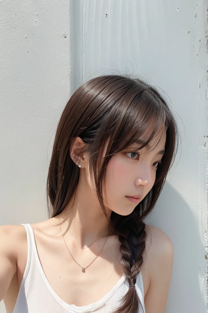 (Highly realistic photos, High resolution, Detailed face, Fine grain), ((Photographed in front of a white wall))、Japanese women, 20-year-old, A variety of expressions, alone:1, Slim figure, Various hairstyles, Casual clothing, 写真の中でalone、Selfie、Photographed in natural light、Simple Necklace、Spring Clothes、Looking at the camera、profile、Dark brown hair color