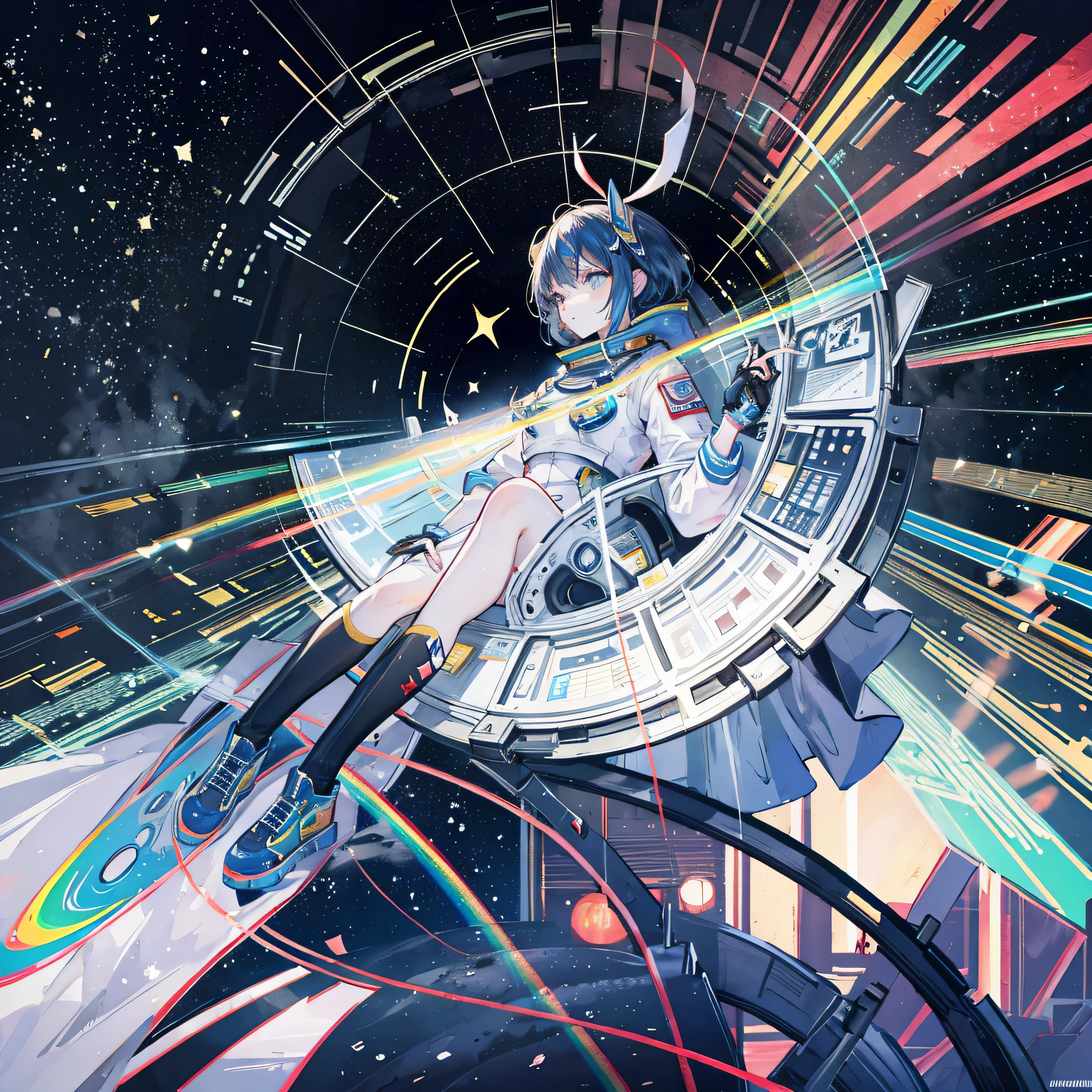 woman astronaut (((Floating in space with air))), performer, planet, nebula, whole body, empty, {Highly detailed 16K CG unit wallpaper}, Vast landscape photography, (A bottom-up perspective that focuses on the characters and the scene), (Wide field view), (Low angle photo), (highlight: 1.2), (Low Light: 1.8), (Warm light source: 1.2), More information Complex, (Rainbow colors: 1.5), (Bright lighting), (Atmospheric lighting), dream-like, Individuality, Line art, Black and White,(Multiple Exposure:Complex and detailed background,cyber punk,Neon Signs)