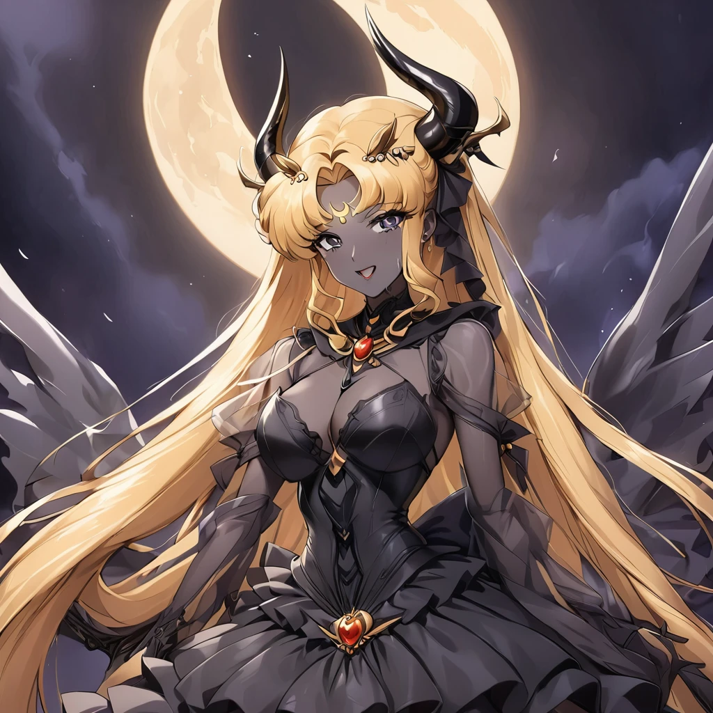 ((Highest quality)), ((masterpiece)), (detailed), （Perfect Face）、The woman is the bride of the Demon King, the Dark Queen of the Black Moon of the Black Moon Clan, the Demon Queen Black Serenity, and the woman is the jet-black, sexy demon princess Serenity.、The woman is a jet-black female demon with magnificent devil horns, jet-black devil wings, and a jet-black tail. Her skin is jet-black and she has a black inverted crescent moon mark on her forehead. She is a demon bride wearing a see-through Gothic Victorian wedding dress that shows off her gorgeous black skin, a black wedding veil, and a black see-through cape. She is the jet-black demon Princess Serenity, and has blonde hair that looks happy as she looks at the camera.２The expression of a girl in love with her long hair tied up、Woman is Black Serenity、Punishment pose on behalf of the moon