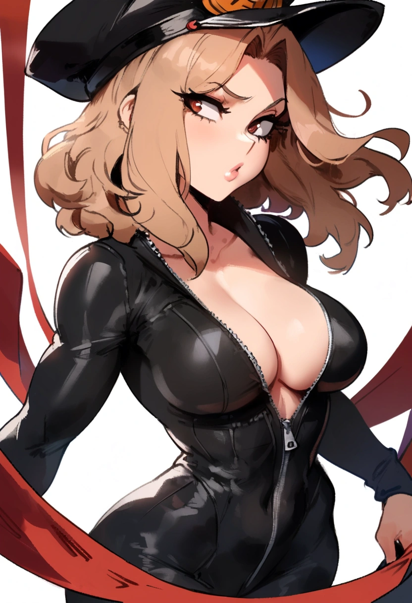1girl, utsushimi kemii, boku no hero academia \\\\\ masterpiece, best quality, very aesthetic, absurdres, newest \\\\\\ slim body,///// by dodok,by nyantcha,cutesexyrobutts , by khyle,,//////light brown hair , cap, black catsuit . white background, simple background, dark brown eyes, zipper running down the middle, left slightly down to reveal her , schocked