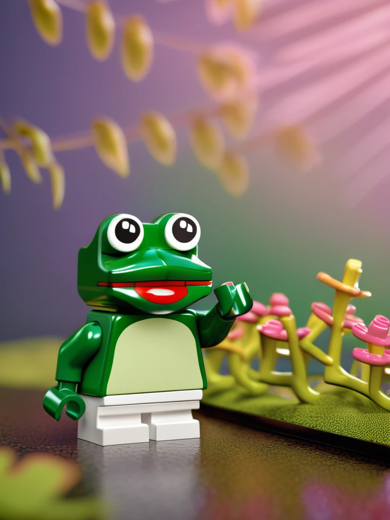 LEGO MiniFig, a photo of (pepe_frog:1.2), bokeh forest background, close-up, highly detailed, photorealistic, 8k, award winning, studio lighting, professional photography