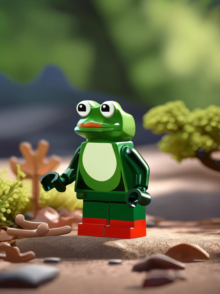 LEGO MiniFig, a photo of (pepe_frog:1.2), bokeh forest background, close-up, highly detailed, photorealistic, 8k, award winning, studio lighting, professional photography