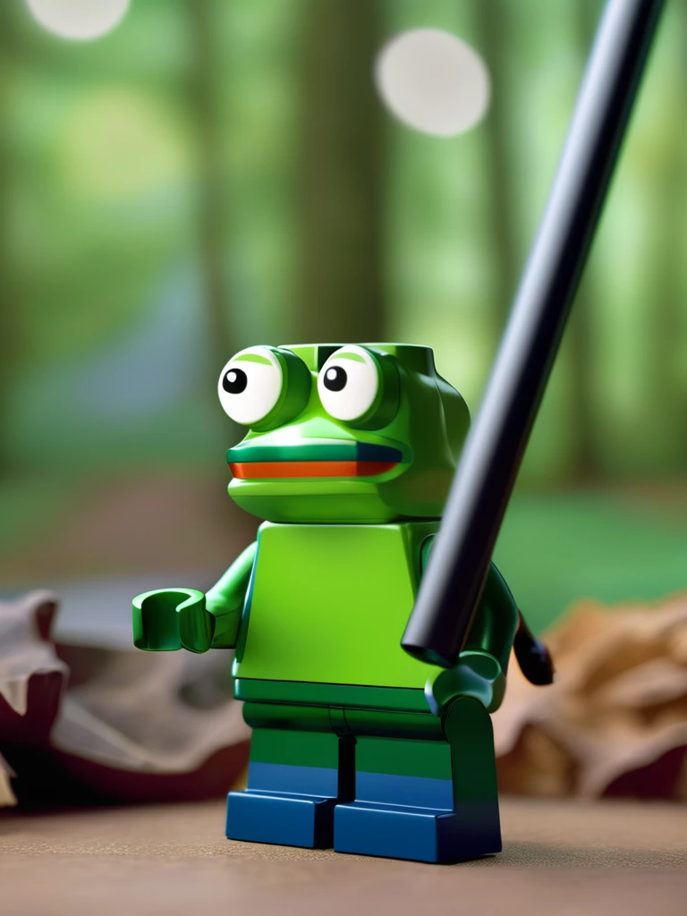 LEGO MiniFig, a photo of (pepe_frog:1.2), bokeh forest background, close-up, highly detailed, photorealistic, 8k, award winning, studio lighting, professional photography