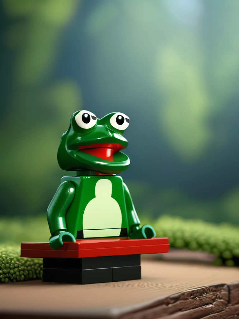 LEGO MiniFig, a photo of (pepe_frog:1.2), bokeh forest background, close-up, highly detailed, photorealistic, 8k, award winning, studio lighting, professional photography