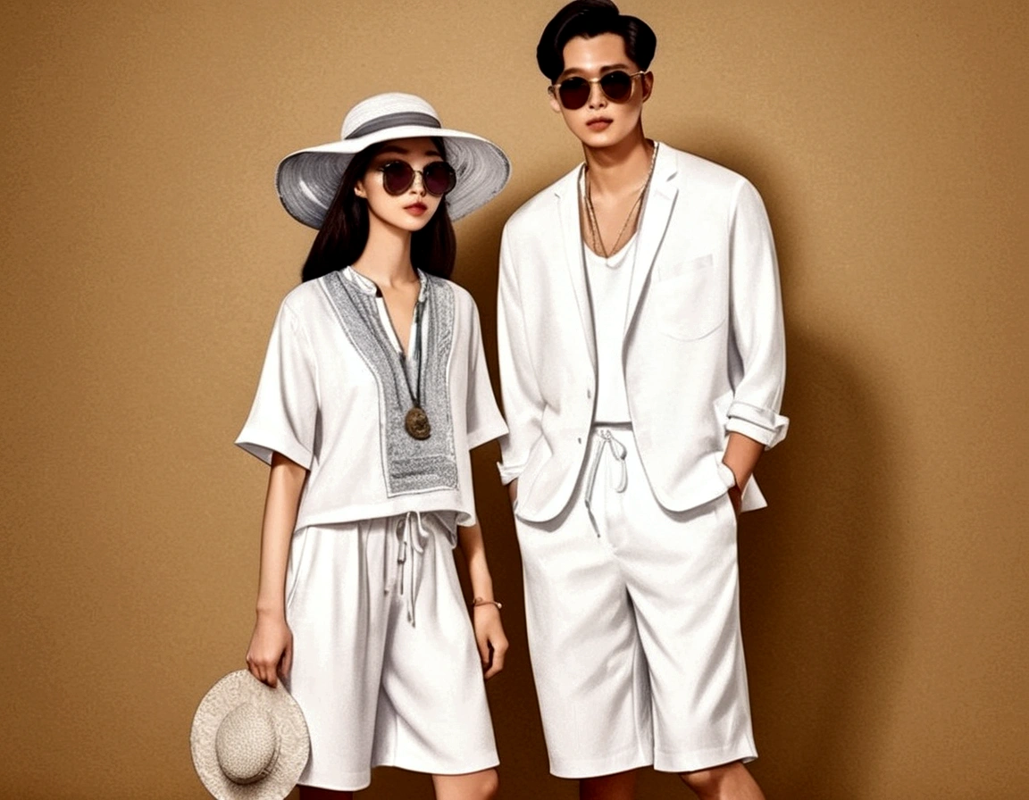 candid fashion illustration of young Asian man and woman, both aged 20 year old, ((showcase fashion in a White cotton-rayon outfits)), inspired by JACQUARD 's resort collection in elegant bohemian style. The man wears an oversized short-sleeved bowling white shirt, paired with relaxed-fit white Men Sports Wide Leg Shorts Summer Baggy Drawstring Short He completes his look with sneakers, wooden-framed sunglasses, and a woven bracelet. The woman complements him in a white rayon dress with Drawstring and ruffle ruffle skirt details, Her ensemble includes an accessorizes with a wide-brimmed straw hat, white sneakers and necklace. Captured in a ((full-body pose)), ((paper material background)), realistic charcoal lines, imperfect drawing, charcoal lines, fading sketch, fashion look book, sketch design,