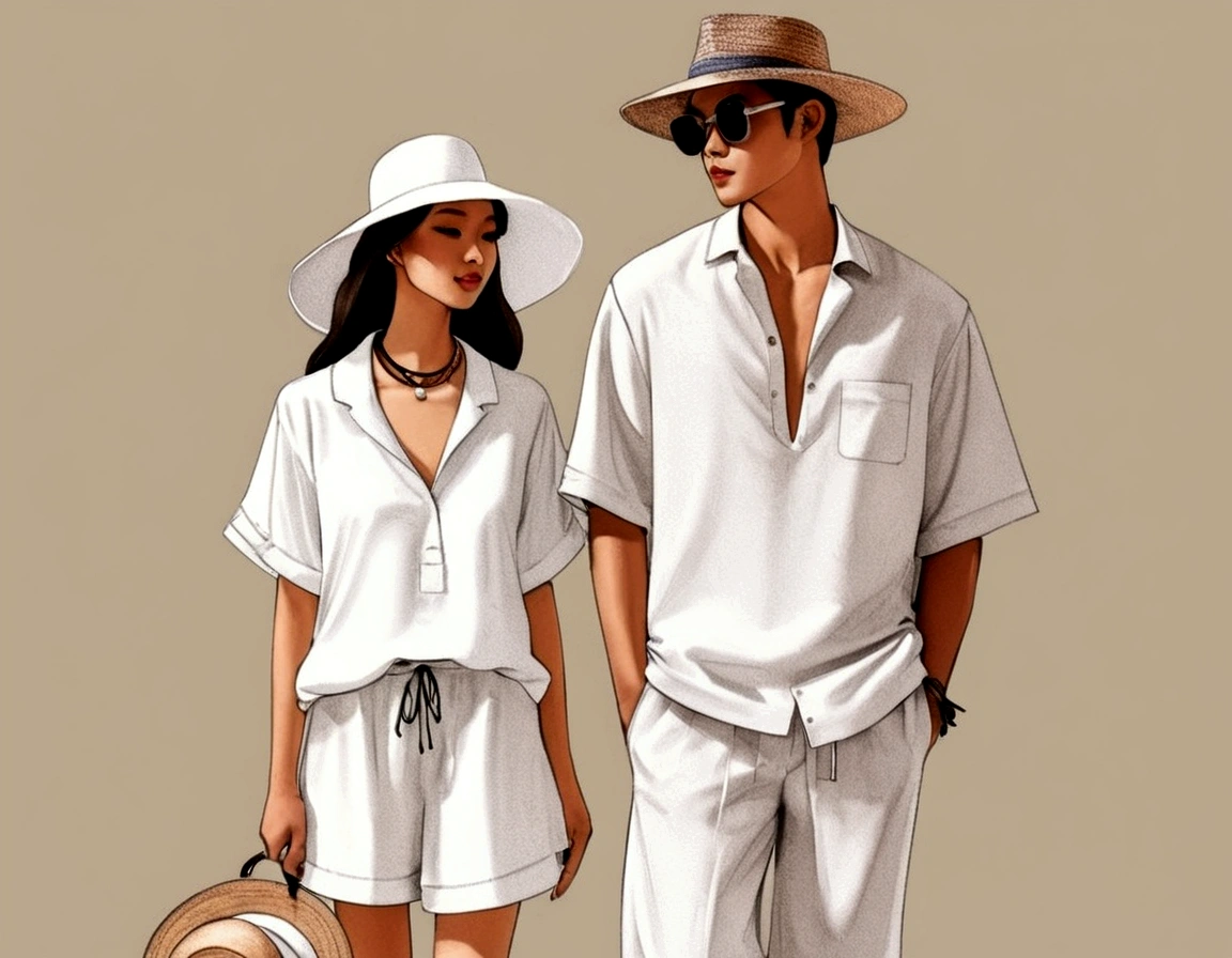 candid fashion illustration of young Asian man and woman, both aged 20 year old, ((showcase fashion in a White cotton-rayon outfits)), inspired by JACQUARD 's resort collection in elegant bohemian style. The man wears an oversized short-sleeved bowling white shirt, paired with relaxed-fit white Men Sports Wide Leg Shorts Summer Baggy Drawstring Short He completes his look with sneakers, wooden-framed sunglasses, and a woven bracelet. The woman complements him in a white rayon dress with Drawstring and ruffle ruffle skirt details, Her ensemble includes an accessorizes with a wide-brimmed straw hat, white sneakers and necklace. Captured in a ((full-body pose)), ((paper material background)), realistic charcoal lines, imperfect drawing, charcoal lines, fading sketch, fashion look book, sketch design,