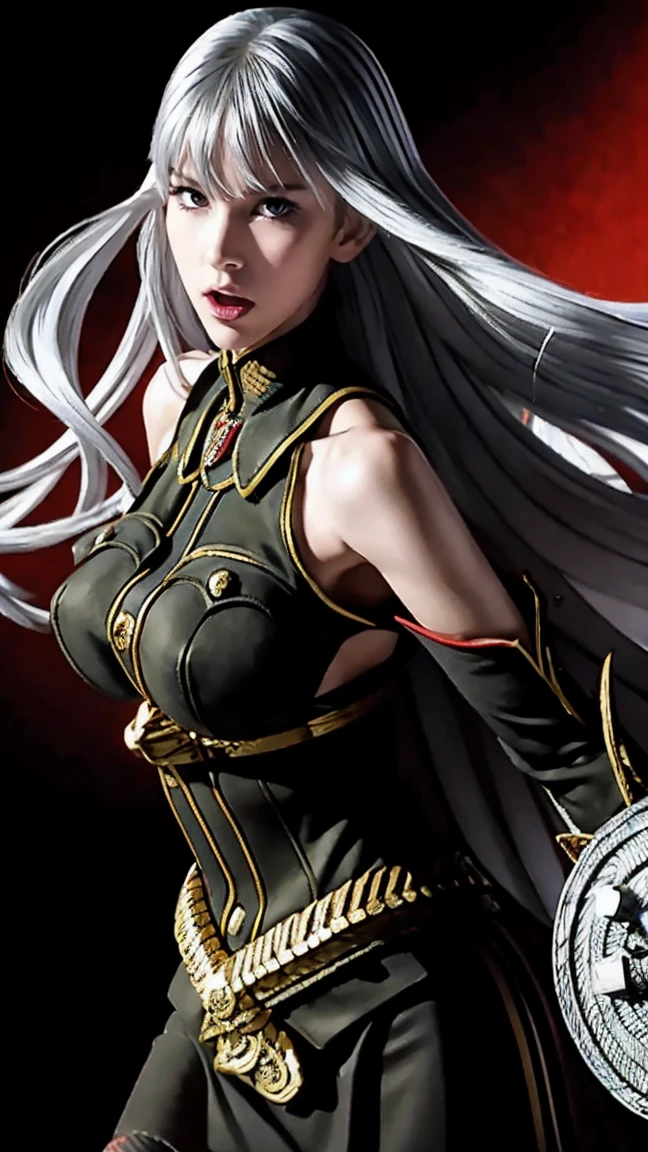 (masterpiece), best quality, expressive eyes, perfect face, bare shoulders, black gloves, full body, gloves, hair between eyes, breasts, long hair, looking at viewer, military, military uniform, open mouth, red eyes, sheathed, shield, shawl, Village background, skirt, solo, standing, sword, underbust, uniform, very long hair, weapon, white hair 