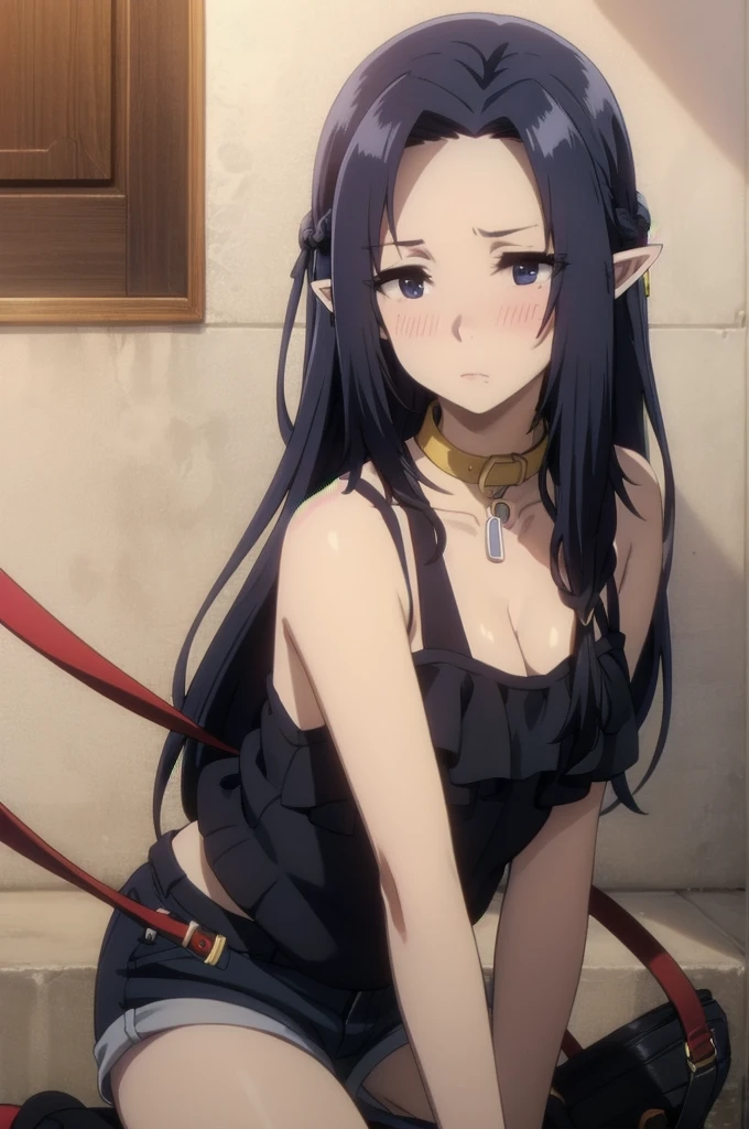 ((collar,leash,tied up,bondage,scared expression)),black hair,black eyes,((shorts,top-tank)),dark blue hair,,long hair,blue eyes,pointy ears,elf,((((blush))))