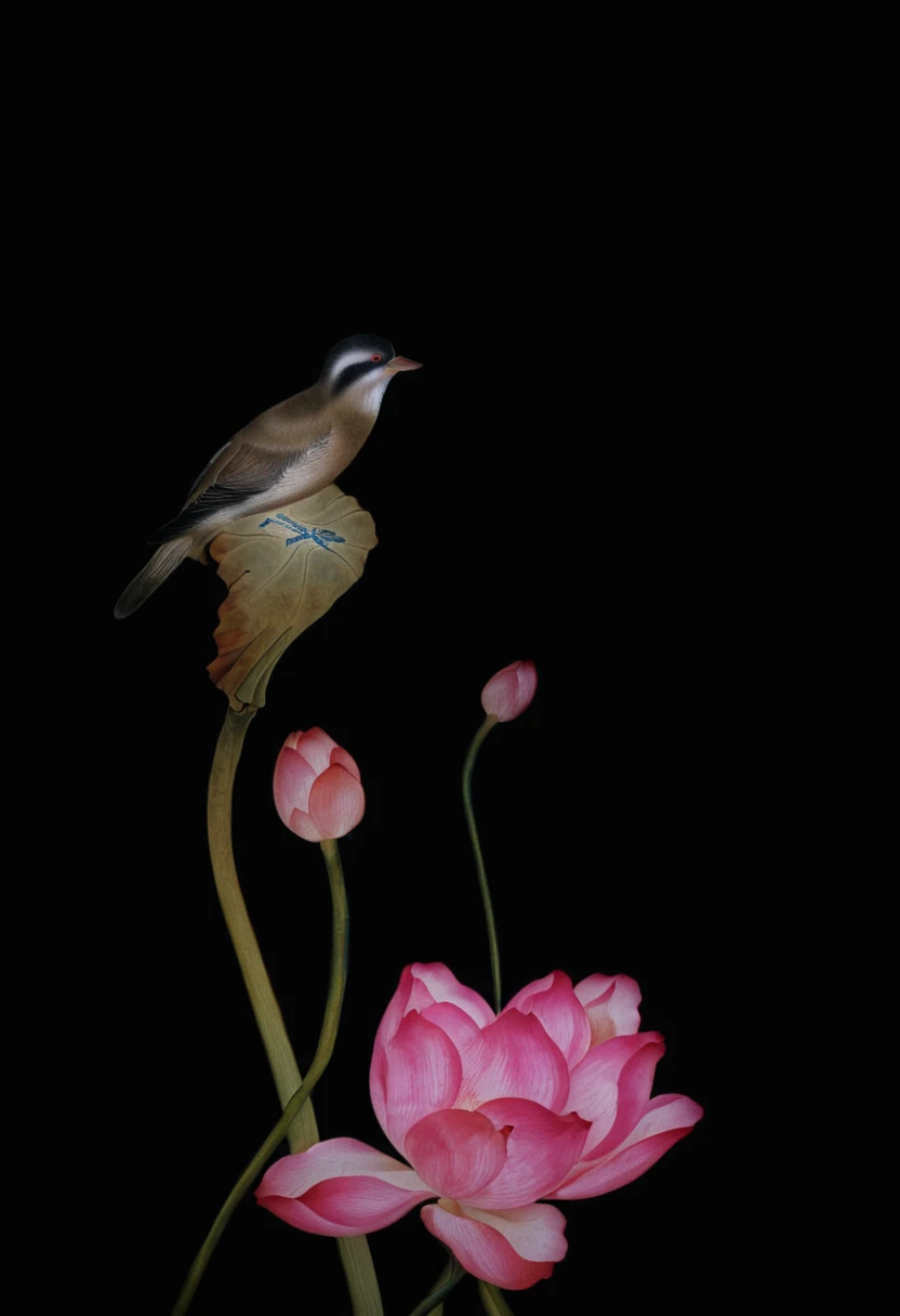 Chinese traditional art painting,Chinese painting,Ink,Painting,Lotus,粉色的Lotus,A bird sitting on a lotus disk,masterpiece