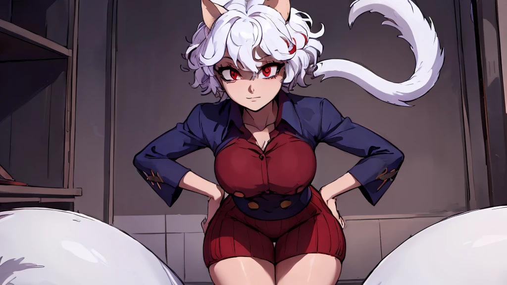 1 girl,❗️❗️,cat ears,White hair,Animal ear hair,Bangs,catwoman,red eyes,ahog,short hair,direction,hair between eyes,slit pupils, big breasts, 
cat tail,white jacket,White shirt,pleated skirt,red skirt,belt buckle,bow tie,necklace,split,collared shirt,corset,long sleeves,open jacket,Uniforms,cowboy shooting,hand in panties,spread their legs,white panties,