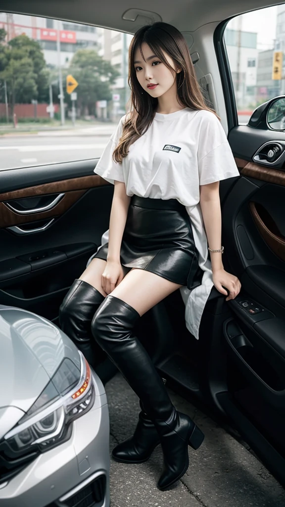 Taiwanese women，Female Model，Slim，Good shape，HD，mini skirt，Knee-high boots，blond，driving honda civic ek9