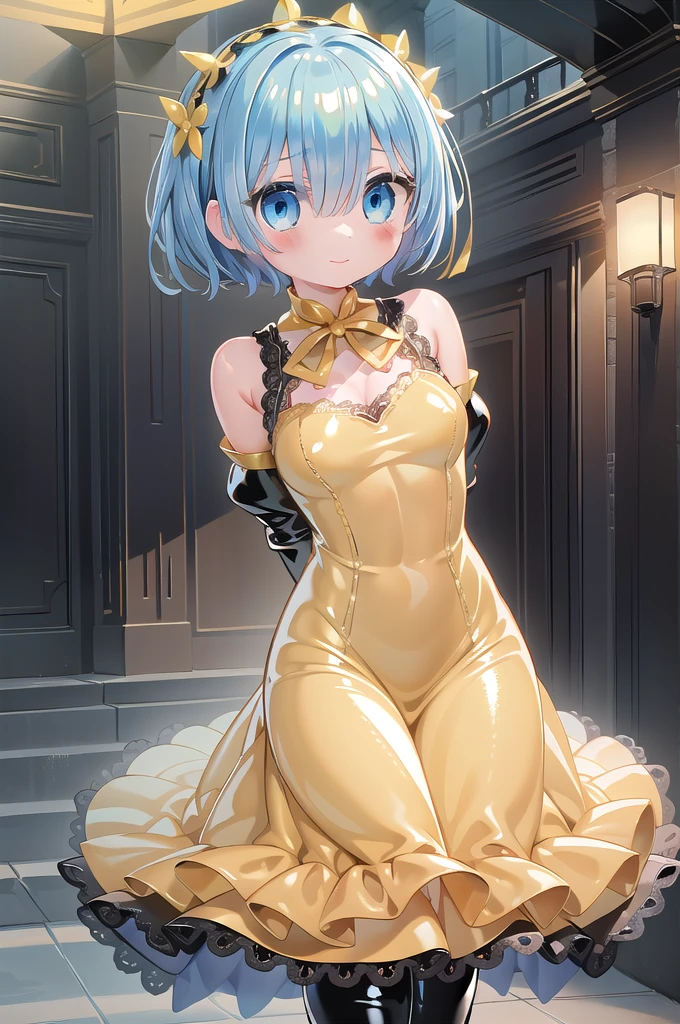 1girl,solo,cowboy shot,(standard height),standing,(blonde hair:1.2),(short hair:1.2),x hair ornament,hair ribbon, hair over one eye,(blue eyes:1.2)(beautiful fingers:1.2),(perfect anatomy:1.4),(arms_behind_back:1.6),(cold_shoulder:1.2),(yellow leather lace glossy silk lamé evening dress:1.6),(shiny_clothes:1.6),medium breasts,(masterpiece),best quality,(Ultra high definition eyes:1.2),8k,(Beautiful detailed eyes:1.2),(Fine and beautiful eyes:1.2),(pretty eyes:1.2),finely detail,extremely CG, absurdres,high resolution,illustration,Detailed and beautiful outlines,finely detail,high resolution,(colorful refraction:1.4,Increase saturation:1.2),beautiful lighting,dynamic lighting,closed room,black background,simple background, smile,looking at viewer,aarem, maid headdress, neck ribbon, cleavage,(yellow thigh boots:1.2),(latex luster shiny glossy:1.4)