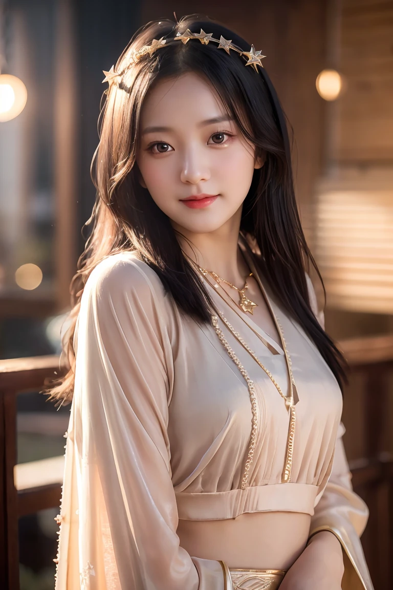 best quality, masterpiece, highres, 1girl,blush,(seductive smile:0.8),star-shaped pupils,china hanfu,hair ornament,necklace, jewelry,Beautiful face,upon_body, tyndall effect,photorealistic, dark studio, rim lighting, two tone lighting,(high detailed skin:1.2), 8k uhd, dslr, soft lighting, high quality, volumetric lighting, candid, Photograph, high resolution, 4k, 8k, Bokeh