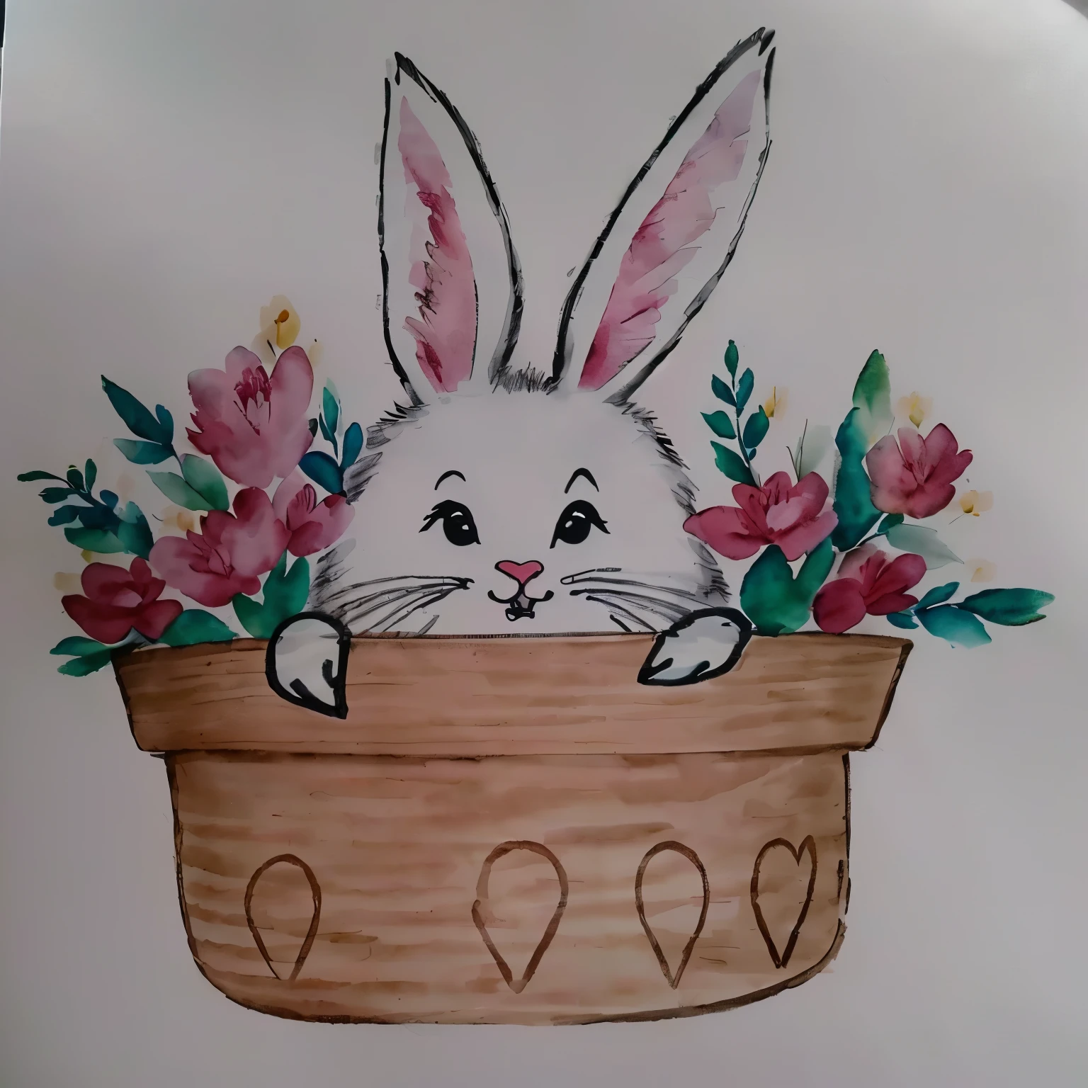 there is a drawing of a coelhinho in a flower pot, coelhinho, Tinta e aquarela wash, Tinta e aquarela, aquarela e caneta, detalhe adicionado, Aquarela, por Károly Lotz, a coelho full of hope, coelhinho ears, coelhinho head, anthropomorphic coelho, coelho face only, coelho, half coelhinho, with coelhinho ears