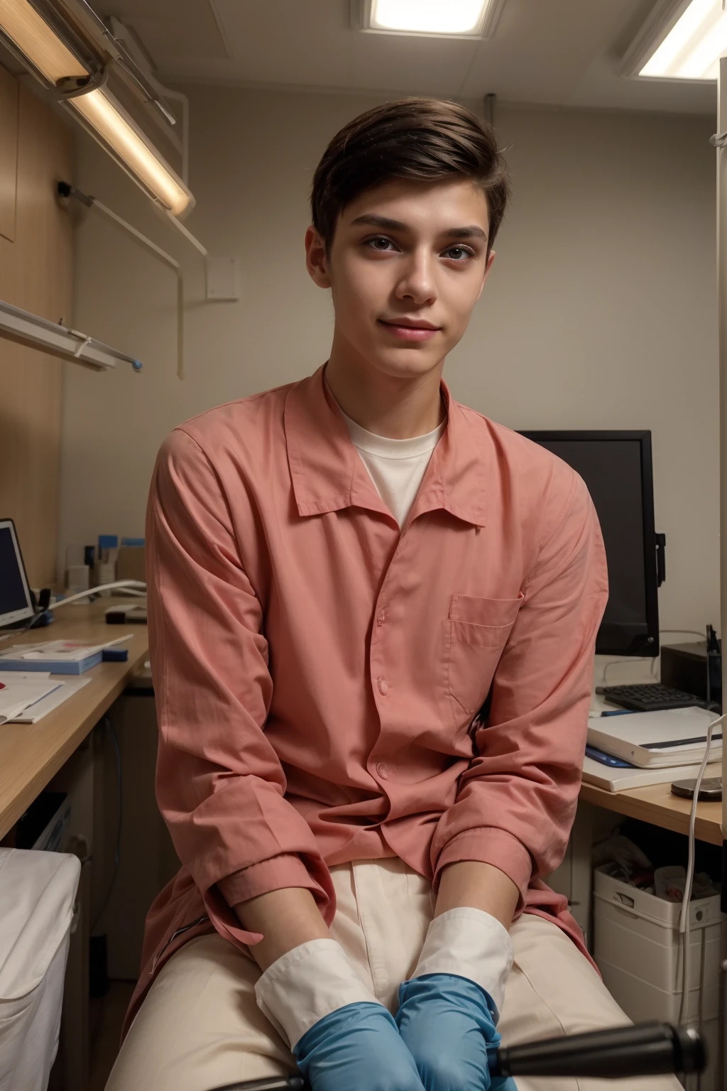 A beautiful young male twink with a face with red makeup. He is wearing a long-sleeved, pink shirt and aqua blue pants. He is in the surgical theater, and behind him is an X-ray screen and medical tools. He is sitting in his private office and looks proudly.