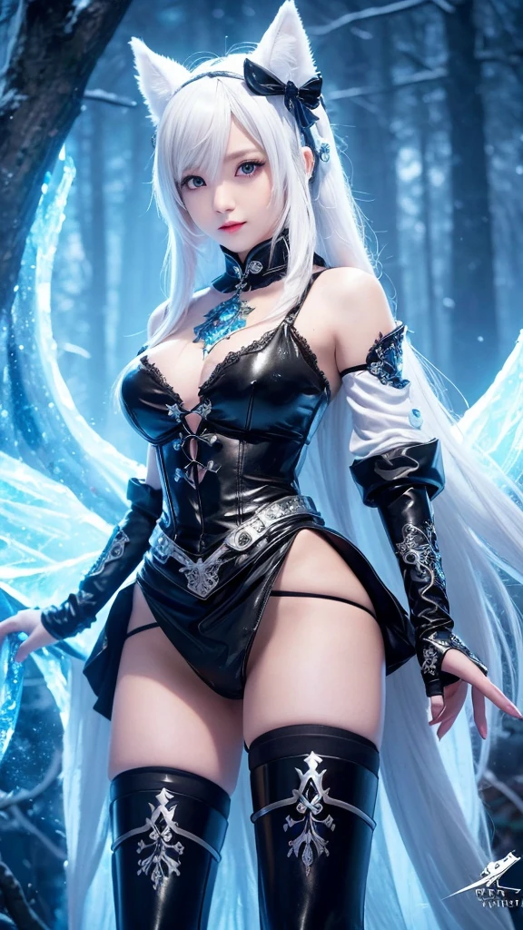 Vocaloid ~ Mortal Kombat ~ V - Tuber ~ Hello Kitty ~ Darkest Dungeon ~ ice priestess with long white hair, icy white eyes. wearing a  fantasy glowing ornate armored priestess outfit, and thigh highs. standing in an icy forest. anime waifu. Stylish. Cute, hot, shiny. highly detailed, uhd anime wallpaper, digital cel animation